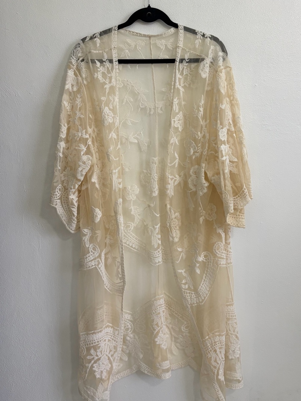Sheer Lace Kimono Robe - Cream